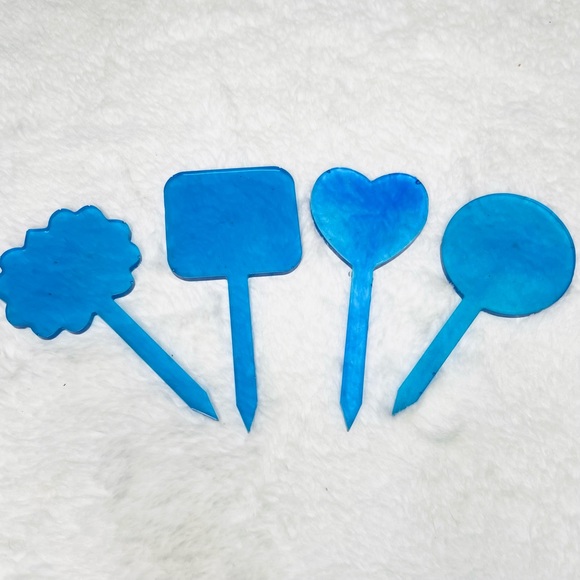 Set of 4 Translucent Blue Plant Markers Hand Crafted Resin Gift Set Cake Toppers - Picture 2 of 8
